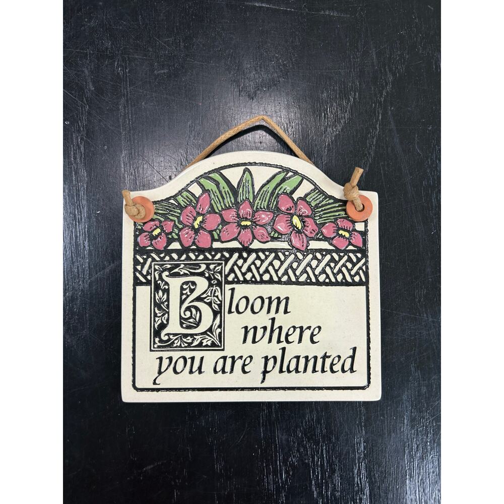 Vintage-Pottery Ornament- Wall Hanger- pink flowers-bloom where you grow